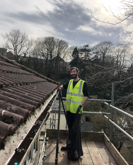 Grosvenor gutter cleaning with scaffolding